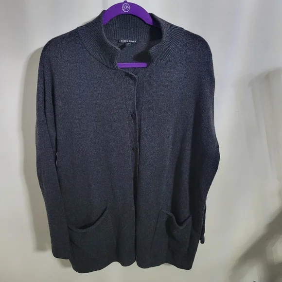 Eileen Fisher Org. Cotton & Cashmere Gray Button Cardigan Pocket Sweater, Size S - Picture 1 of 4
